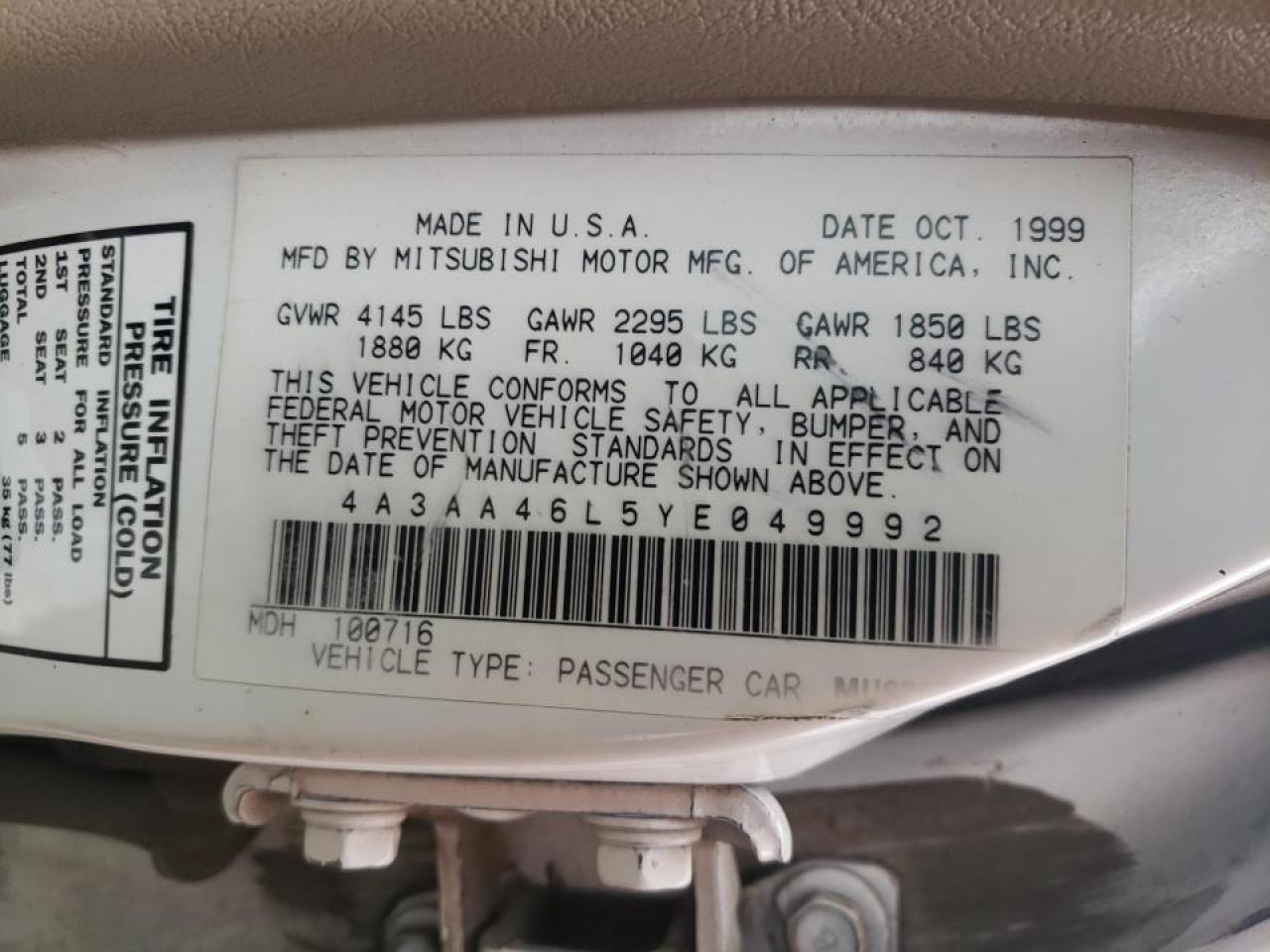 Photo 10 from auction – 2000 MITSUBISHI GALANT ES with VIN 4A3AA46L5YE049992