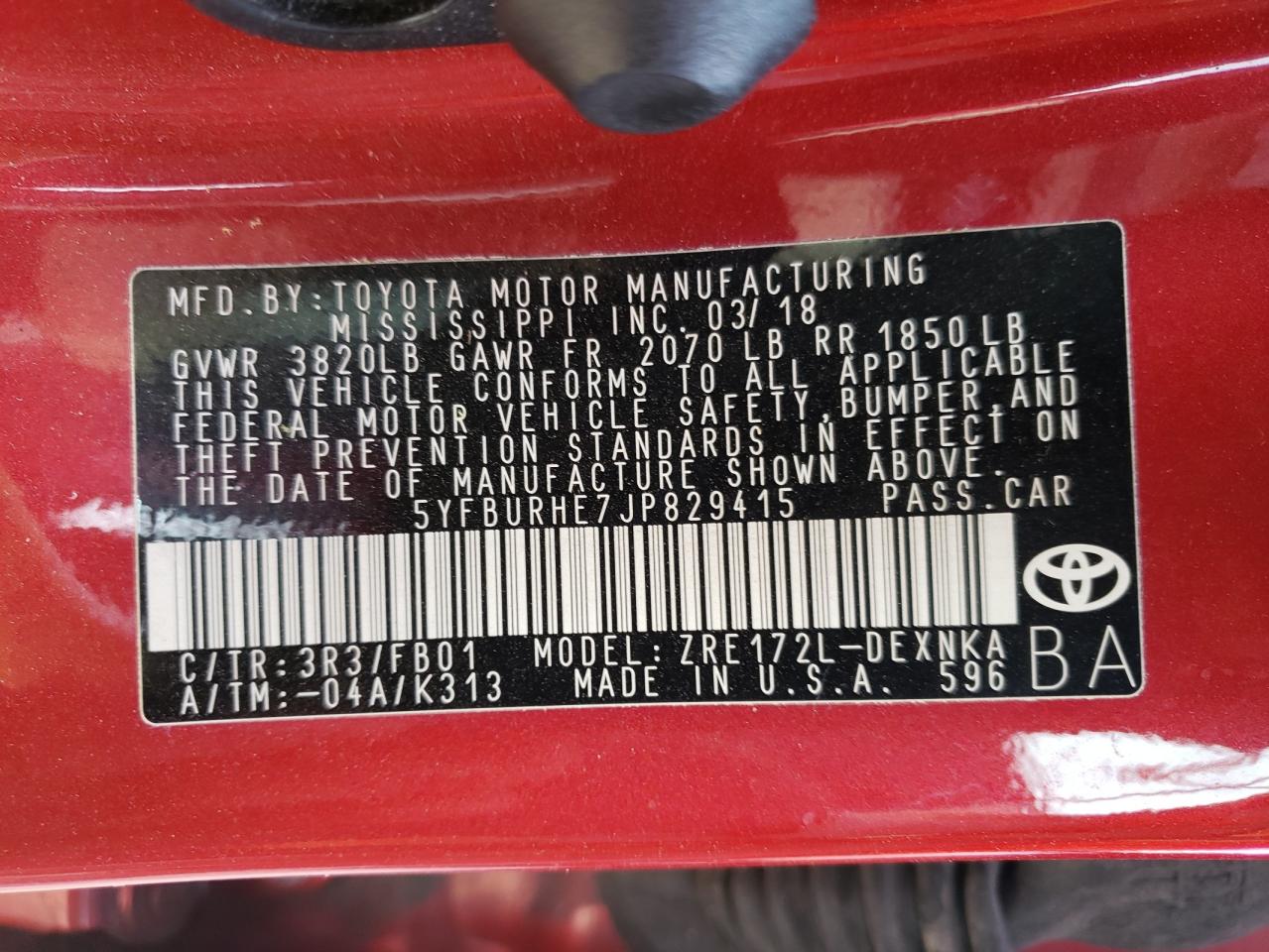 Photo 10 from auction – 2018 TOYOTA COROLLA L with VIN 5YFBURHE7JP829415