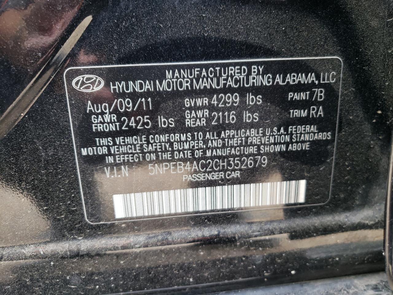 Photo 10 from auction – 2012 HYUNDAI SONATA GLS with VIN 5NPEB4AC2CH352679