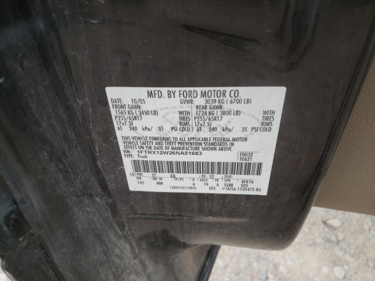 Photo 10 from auction – 2006 FORD F150 with VIN 1FTRX12W26NA51683
