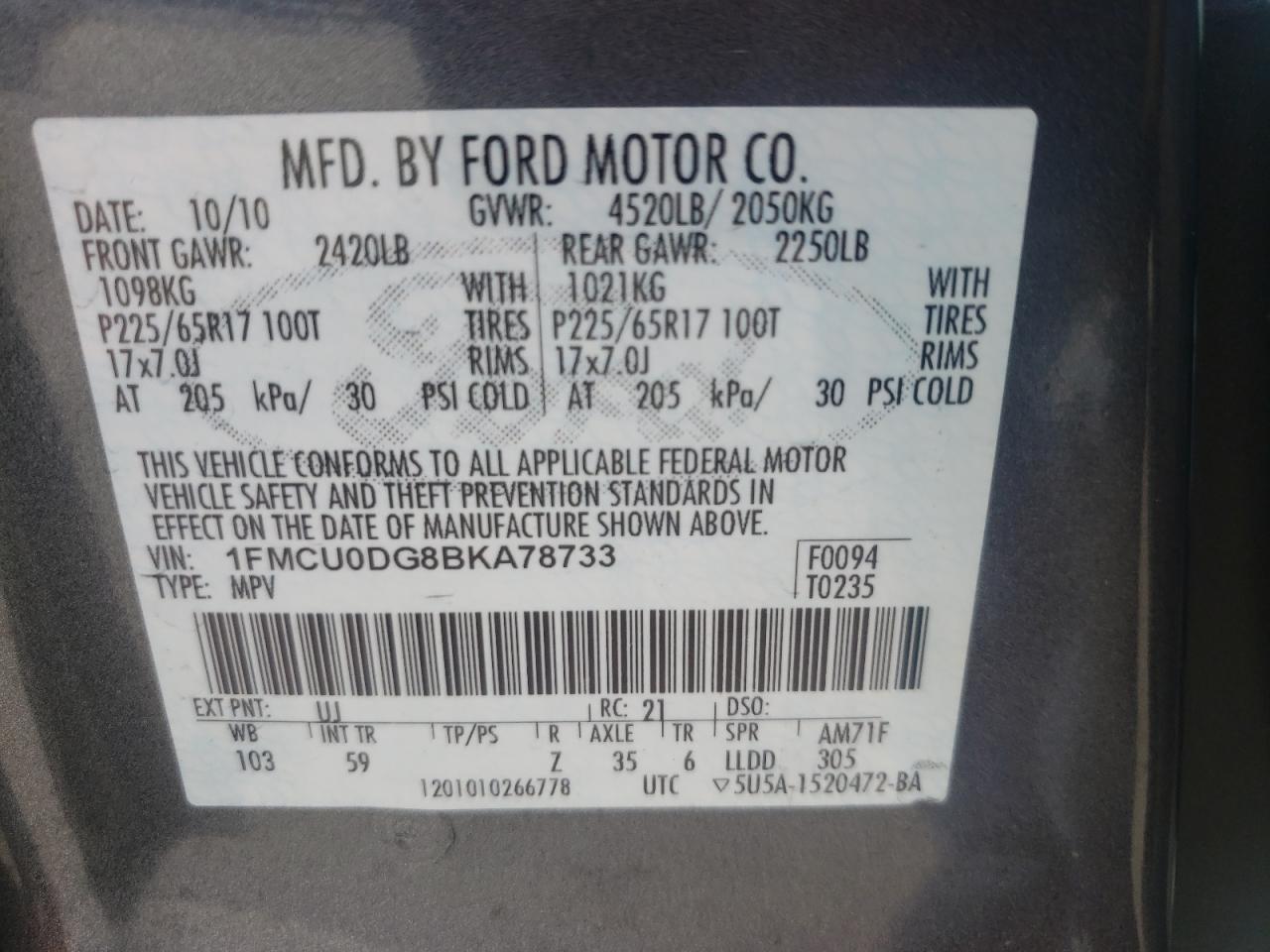Foto 10 de la subasta – 2011 FORD ESCAPE XLT con VIN 1FMCU0DG8BKA78733