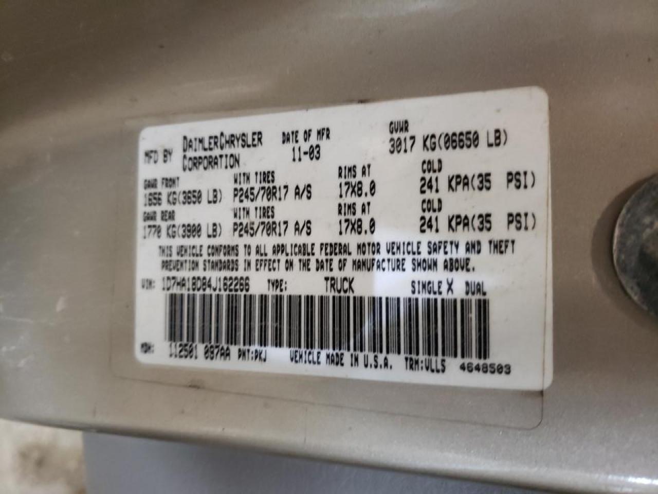 Photo 10 from auction – 2004 DODGE RAM 1500 S with VIN 1D7HA18D84J162266