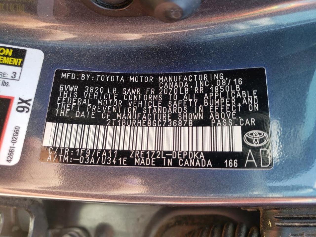 Photo 10 from auction – 2016 TOYOTA COROLLA L with VIN 2T1BURHE8GC736878