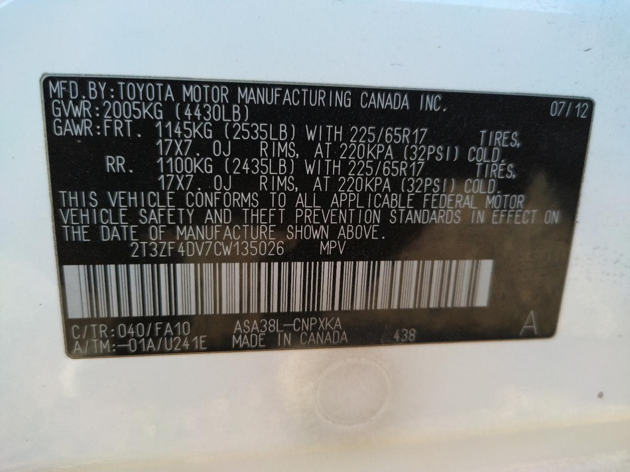 Foto 10 de la subasta – 2012 TOYOTA RAV4 con VIN 2T3ZF4DV7CW135026