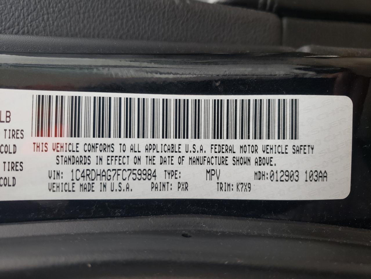 Photo 10 from auction – 2015 DODGE DURANGO SX with VIN 1C4RDHAG7FC759984