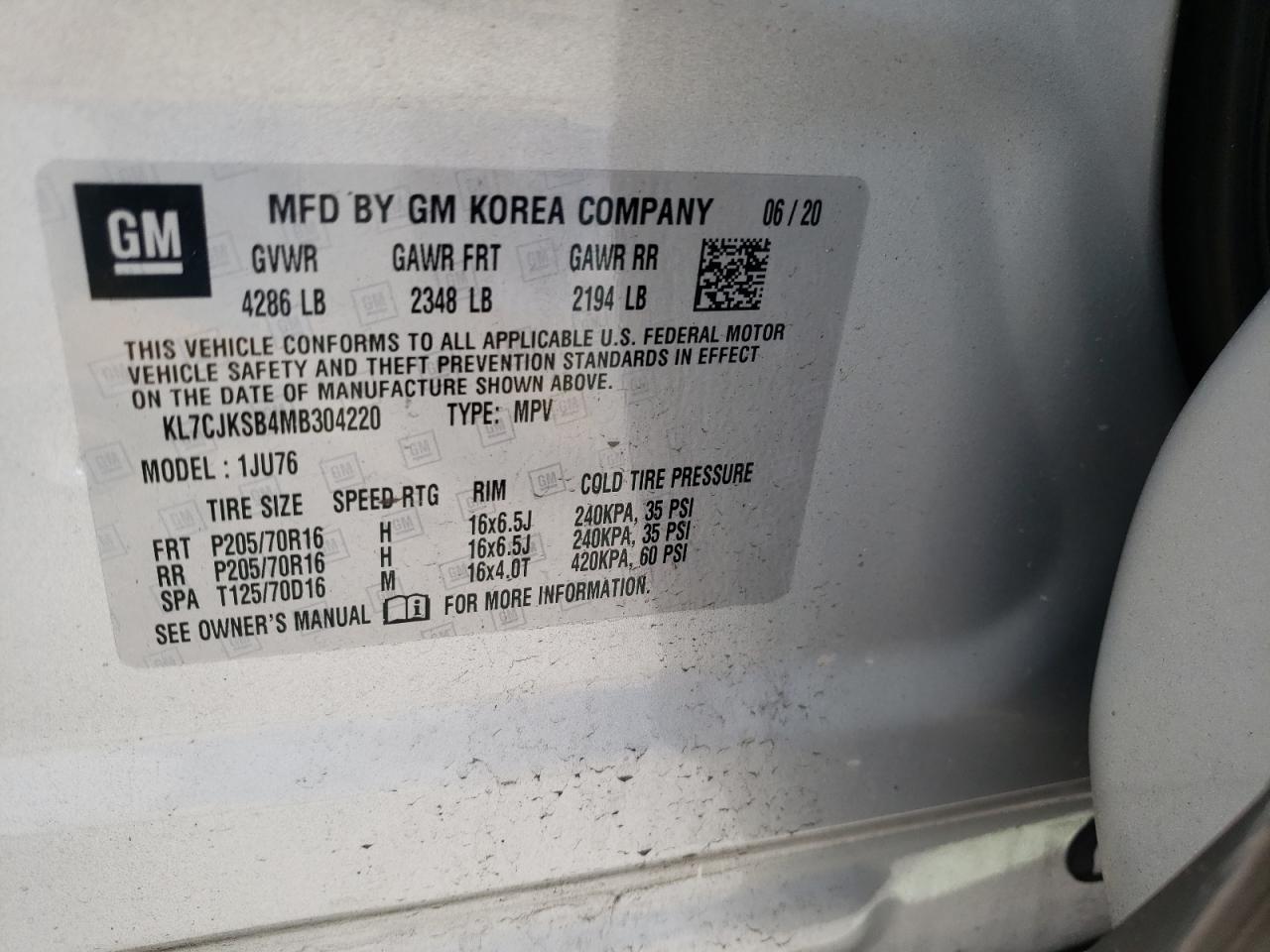 Photo 10 from auction – 2021 CHEVROLET TRAX LS with VIN KL7CJKSB4MB304220