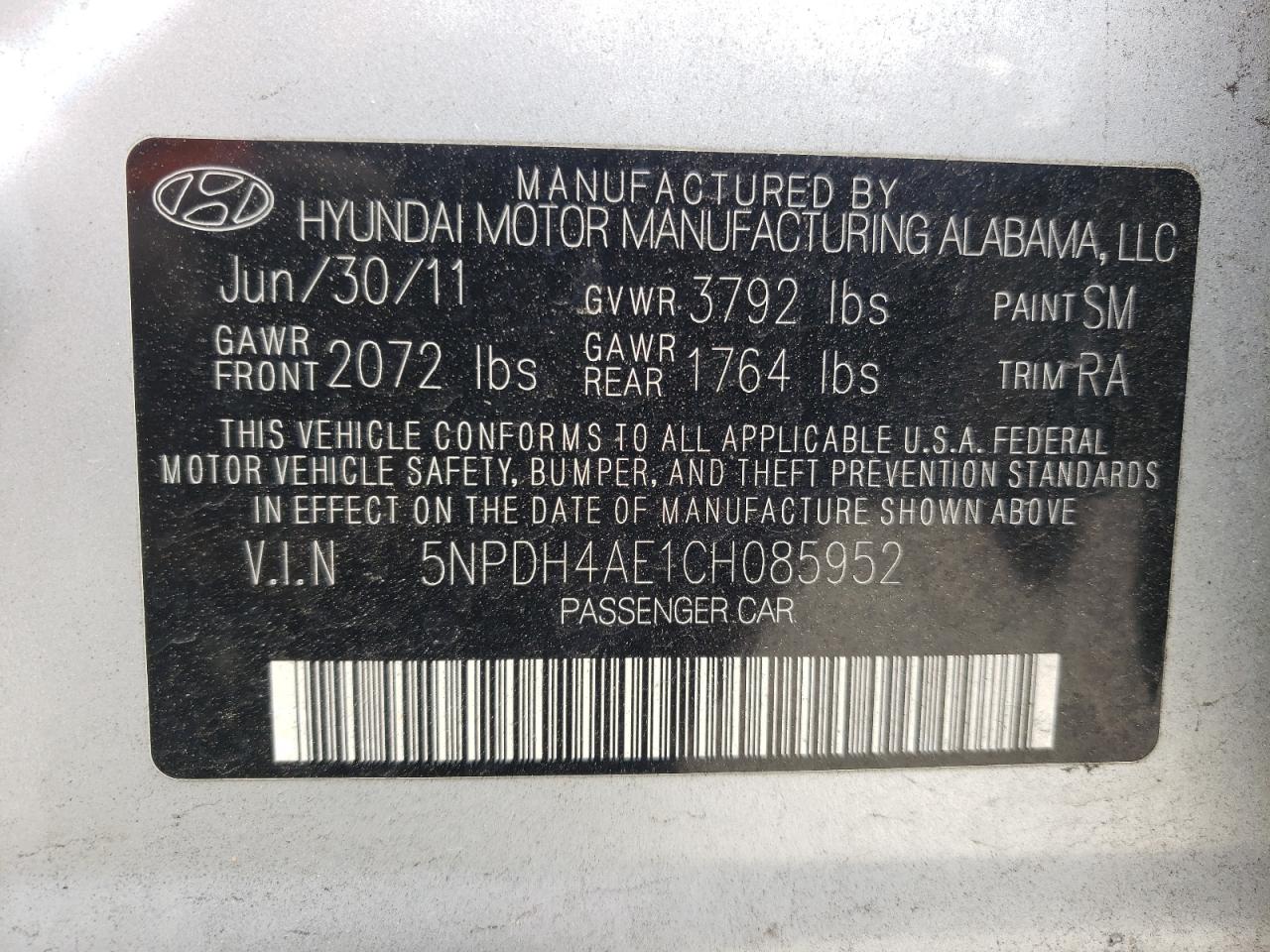 Photo 10 from auction – 2012 HYUNDAI ELANTRA with VIN 5NPDH4AE1CH085952