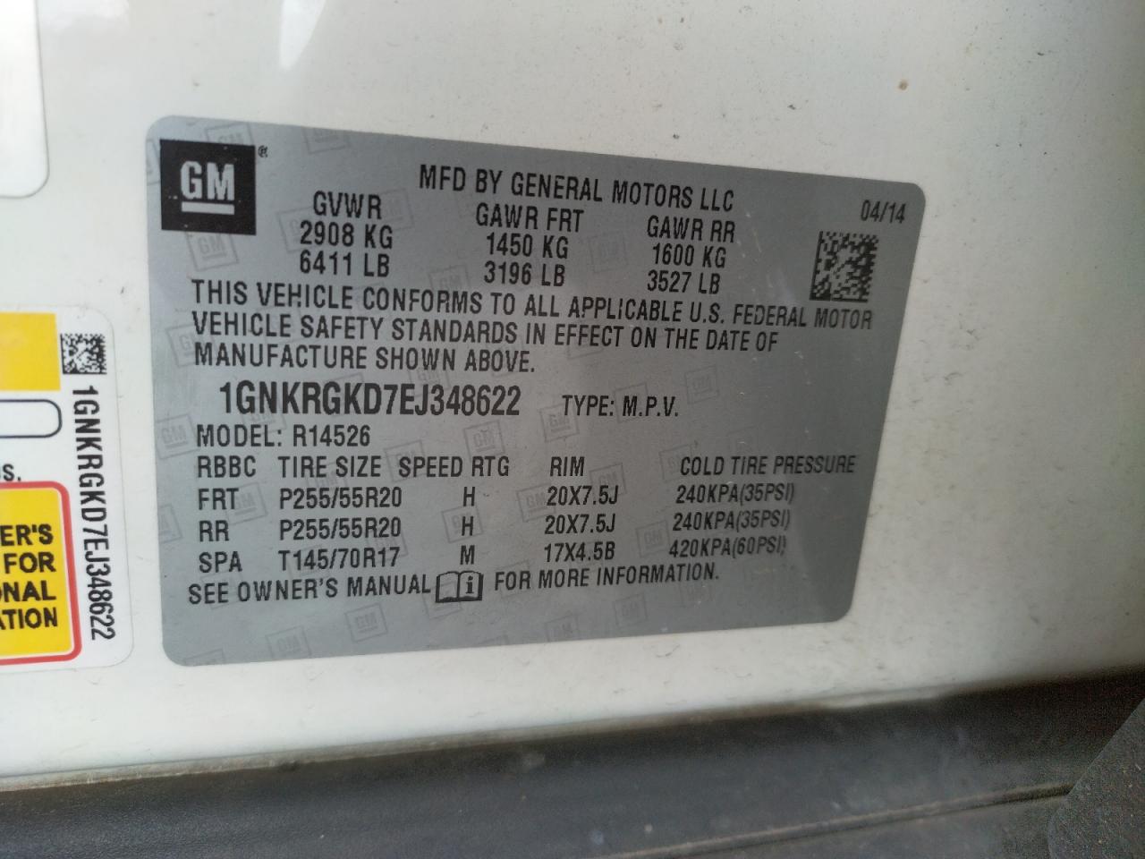 Photo 10 from auction – 2014 CHEVROLET TRAVERSE L with VIN 1GNKRGKD7EJ348622
