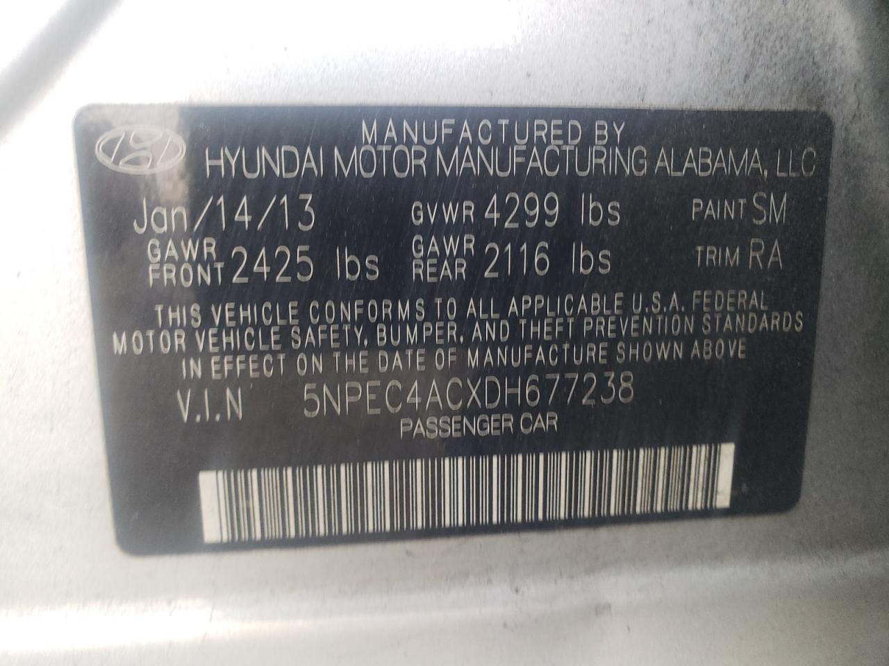 Photo 10 from auction – 2013 HYUNDAI SONATA SE with VIN 5NPEC4ACXDH677238