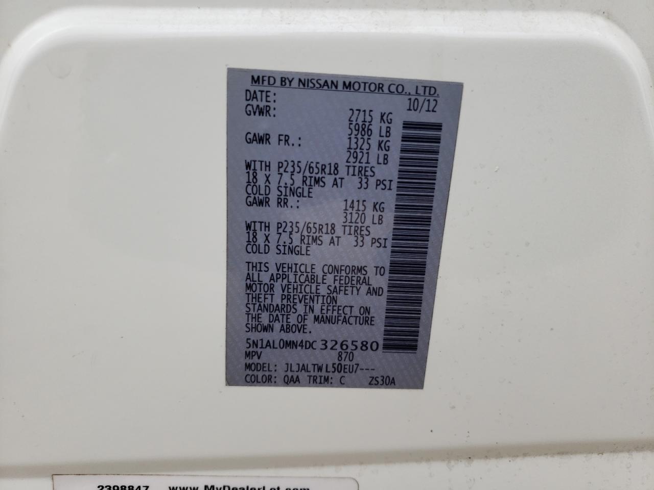 Photo 10 from auction – 2013 INFINITI JX35 with VIN 5N1AL0MN4DC326580