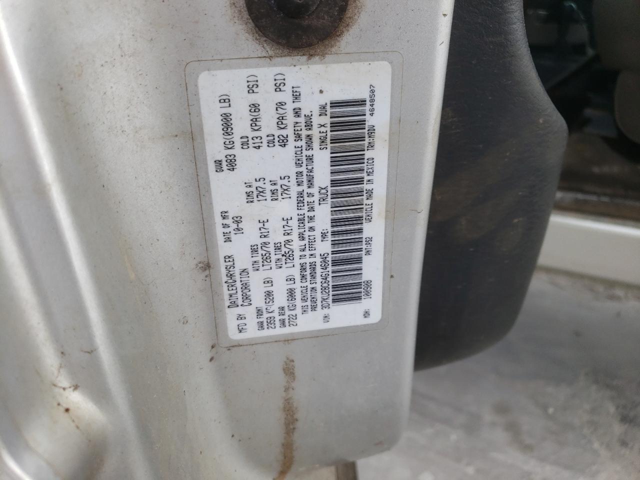 Photo 10 from auction – 2004 DODGE RAM 2500 S with VIN 3D7KU28C64G146045