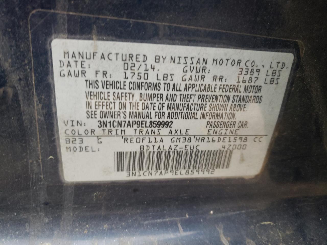 Photo 10 from auction – 2014 NISSAN VERSA with VIN 3N1CN7AP9EL859992