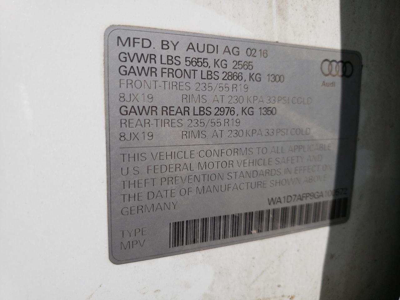 Photo 10 from auction – 2016 AUDI Q5 PREMIUM with VIN WA1D7AFP9GA100572