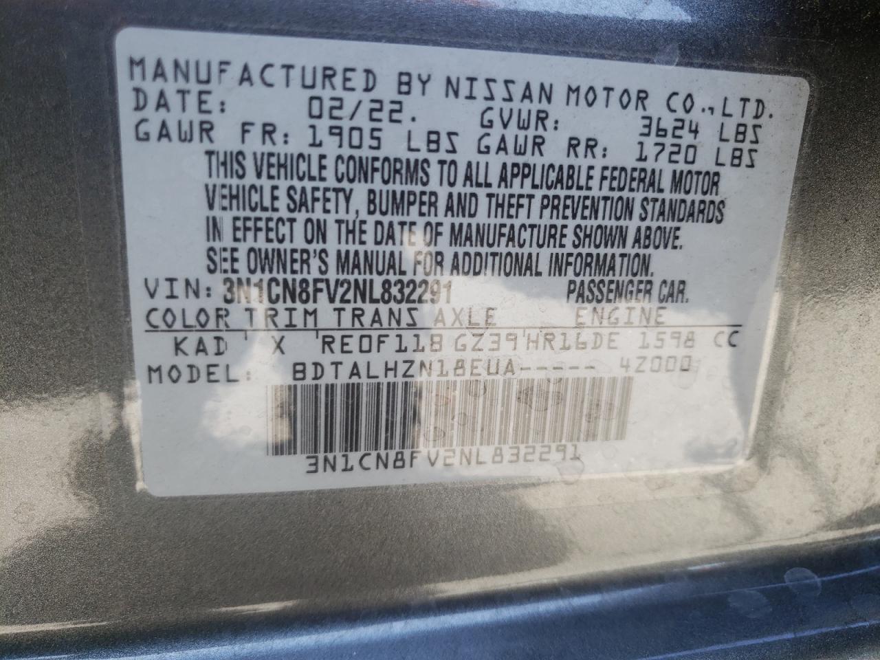 Photo 10 from auction – 2022 NISSAN VERSA with VIN 3N1CN8FV2NL832291