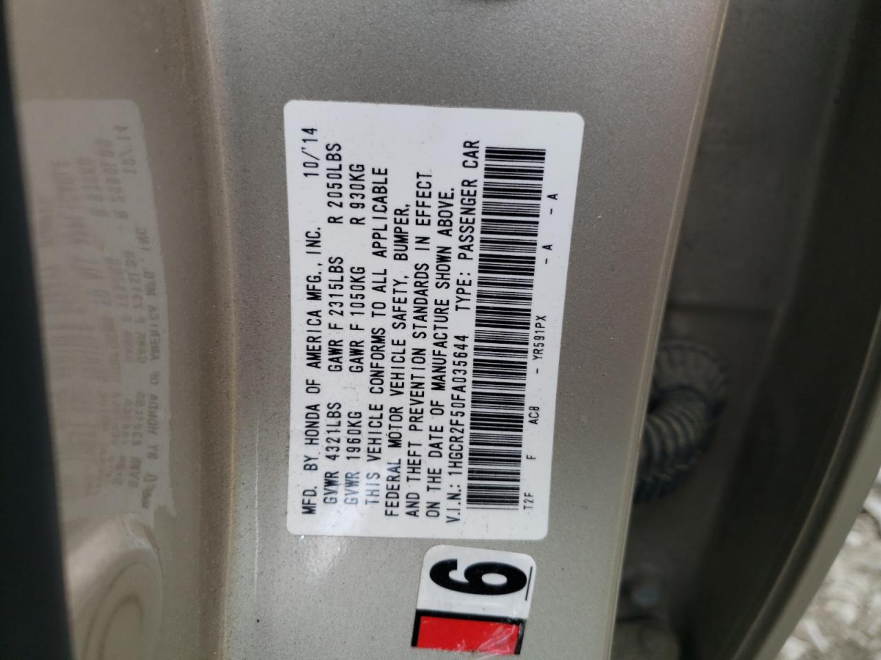 Photo 10 from auction – 2015 HONDA ACCORD SPO with VIN 1HGCR2F50FA035644