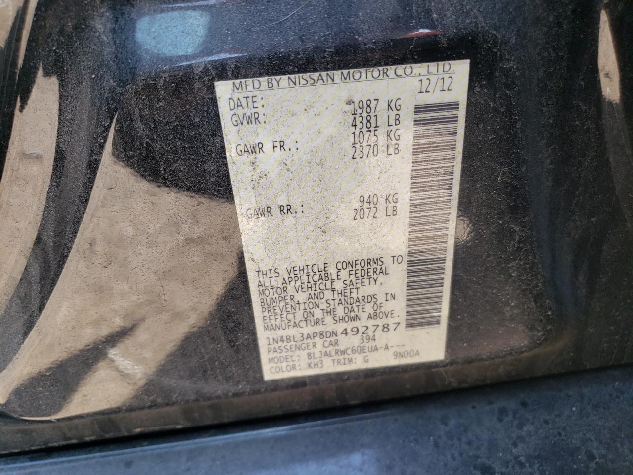 Photo 10 from auction – 2013 NISSAN ALTIMA 3.5 with VIN 1N4BL3AP8DN492787