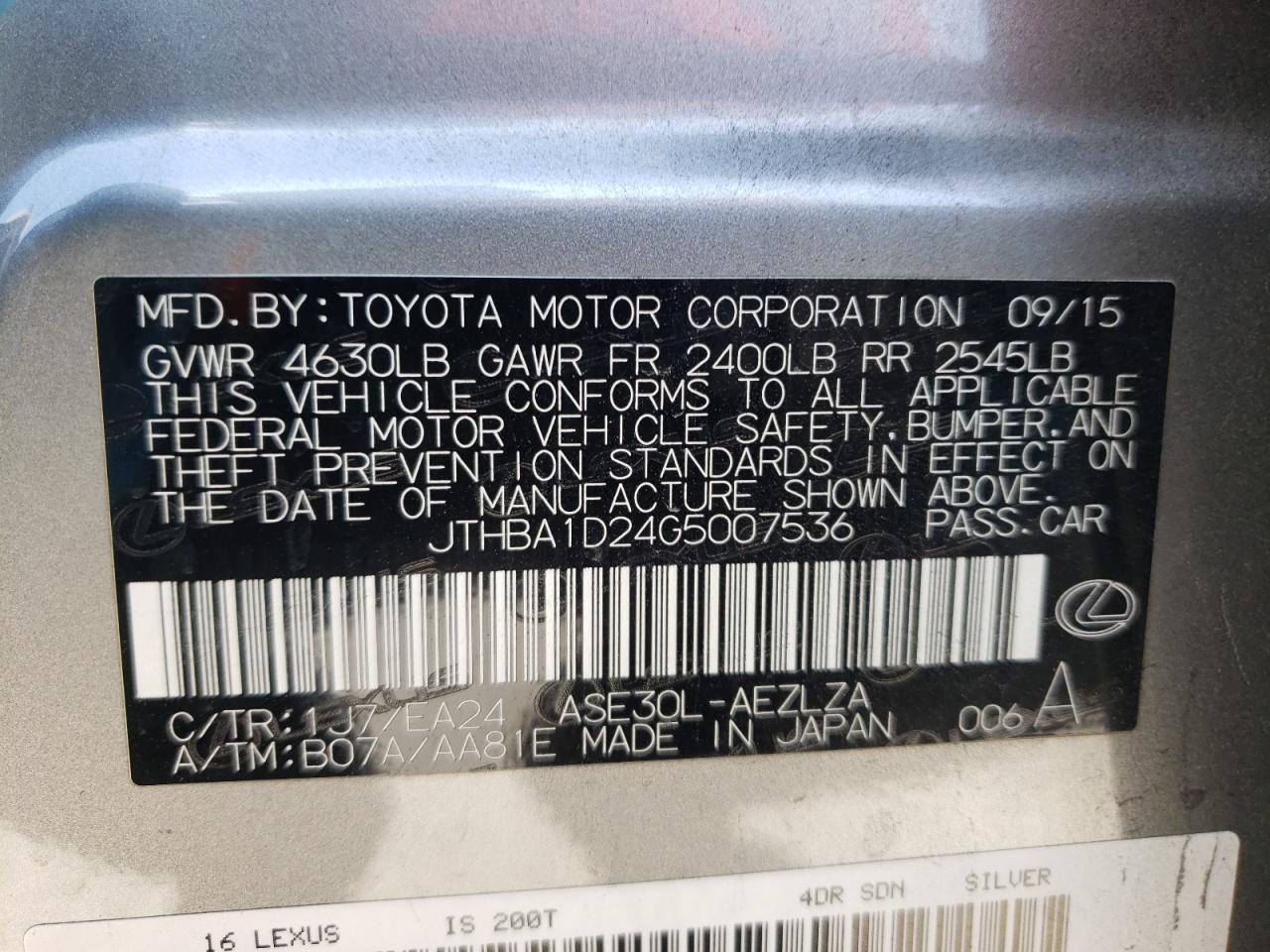 Photo 10 from auction – 2016 LEXUS IS 200T with VIN JTHBA1D24G5007536