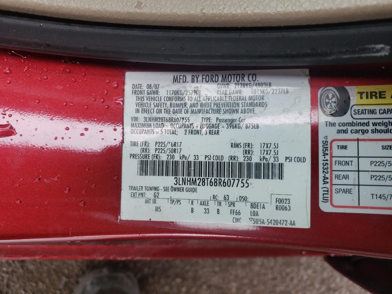 Photo 10 from auction – 2008 LINCOLN MKZ with VIN 3LNHM28T68R607755