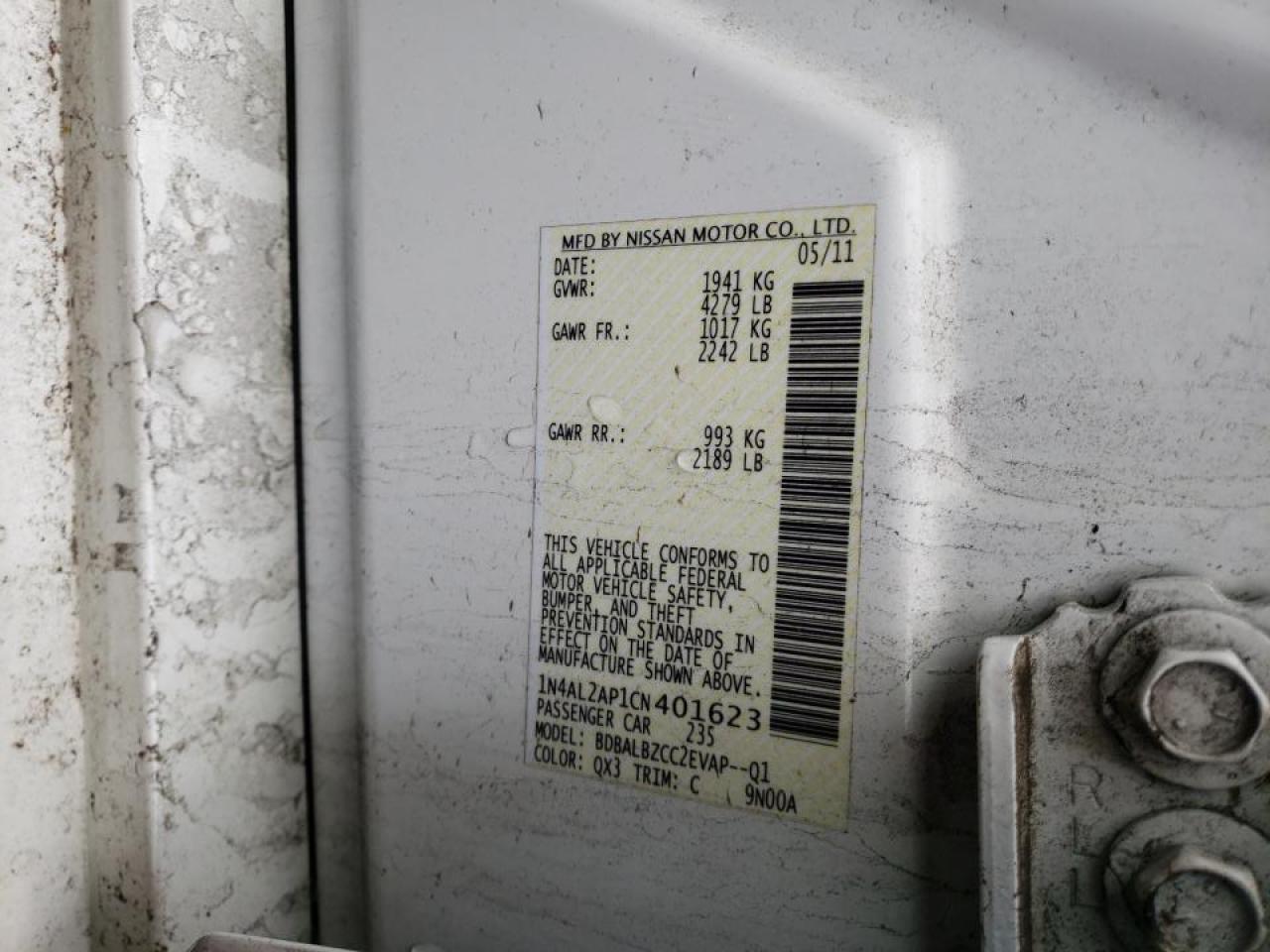 Photo 10 from auction – 2012 NISSAN ALTIMA BAS with VIN 1N4AL2AP1CN401623