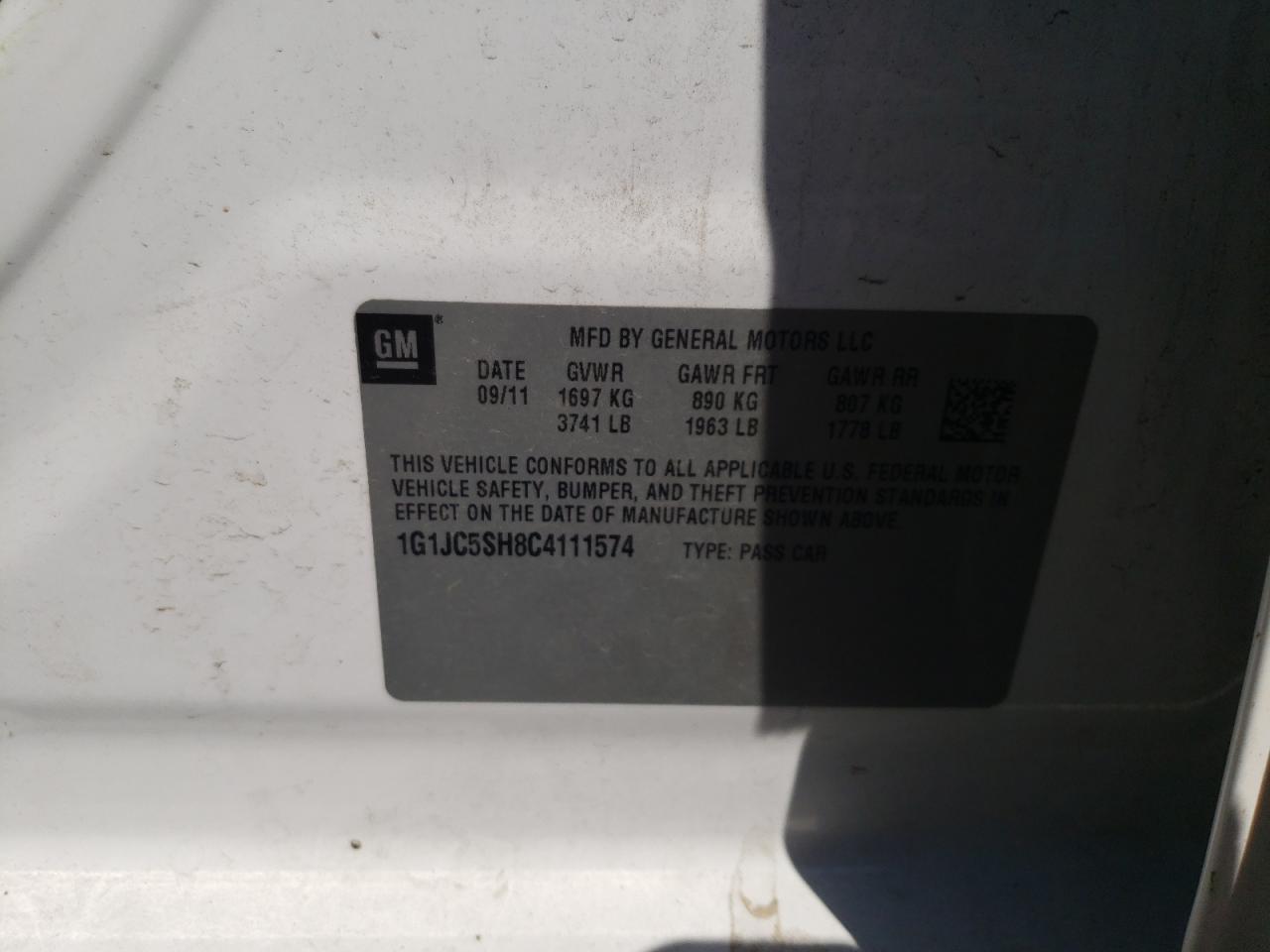 Photo 10 from auction – 2012 CHEVROLET SONIC LT with VIN 1G1JC5SH8C4111574
