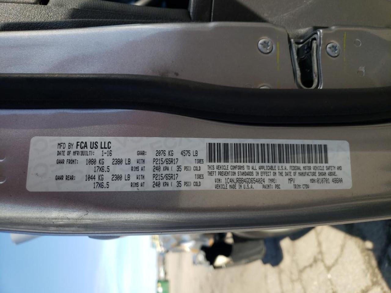 Photo 10 from auction – 2016 JEEP PATRIOT SP with VIN 1C4NJRBB4GD654024