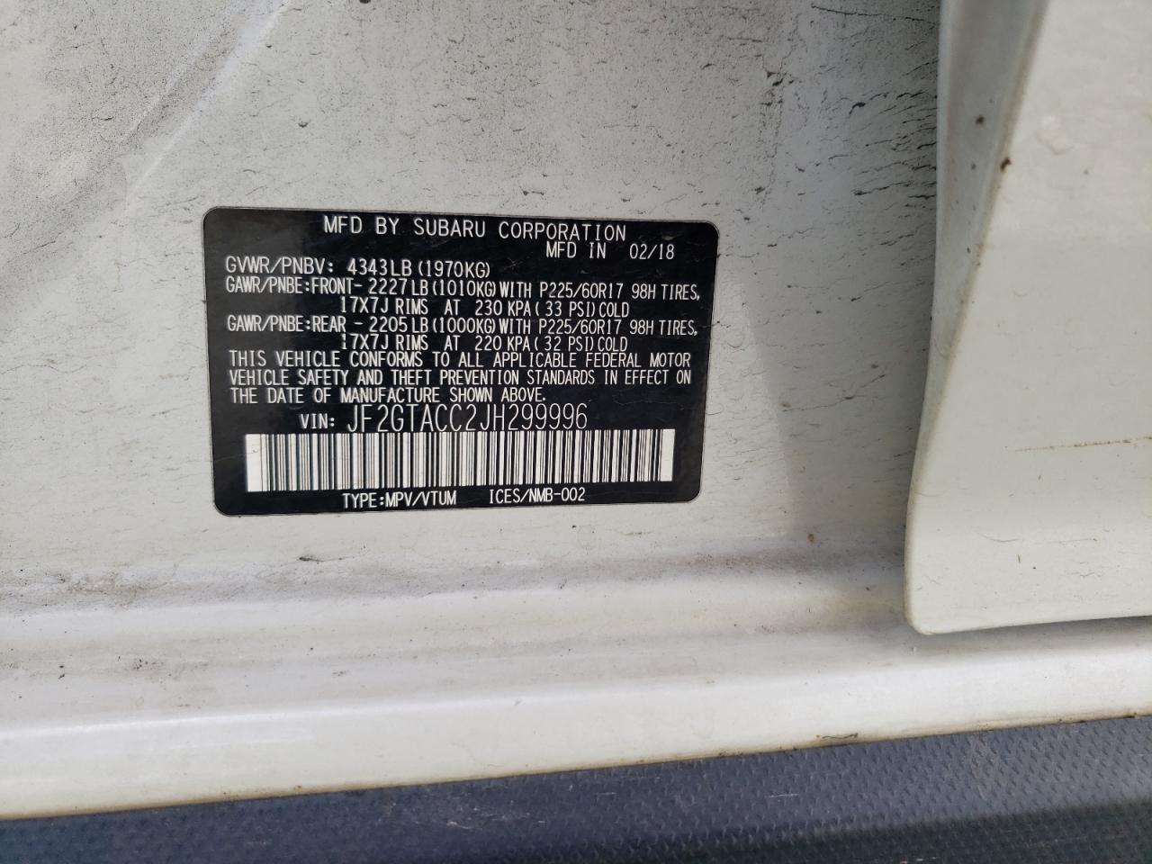 Photo 10 from auction – 2018 SUBARU CROSSTREK with VIN JF2GTACC2JH299996