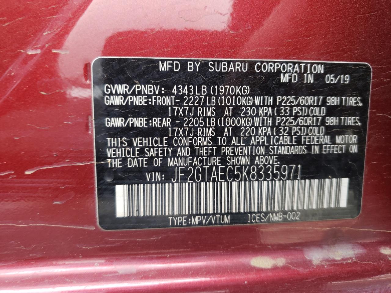Photo 10 from auction – 2019 SUBARU CROSSTREK with VIN JF2GTAEC5K8335971