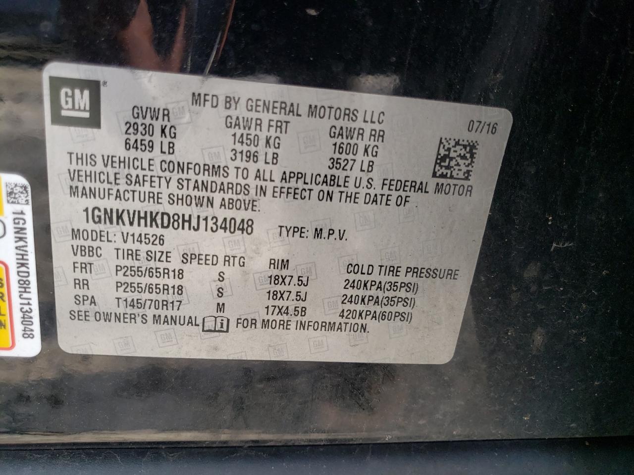 Photo 10 from auction – 2017 CHEVROLET TRAVERSE L with VIN 1GNKVHKD8HJ134048