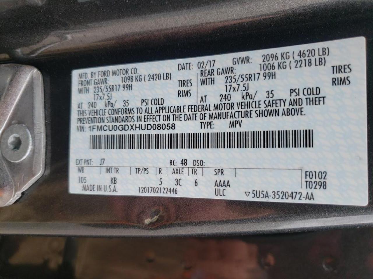 Фото 10 с аукциона – 2017 FORD ESCAPE SE с VIN 1FMCU0GDXHUD08058