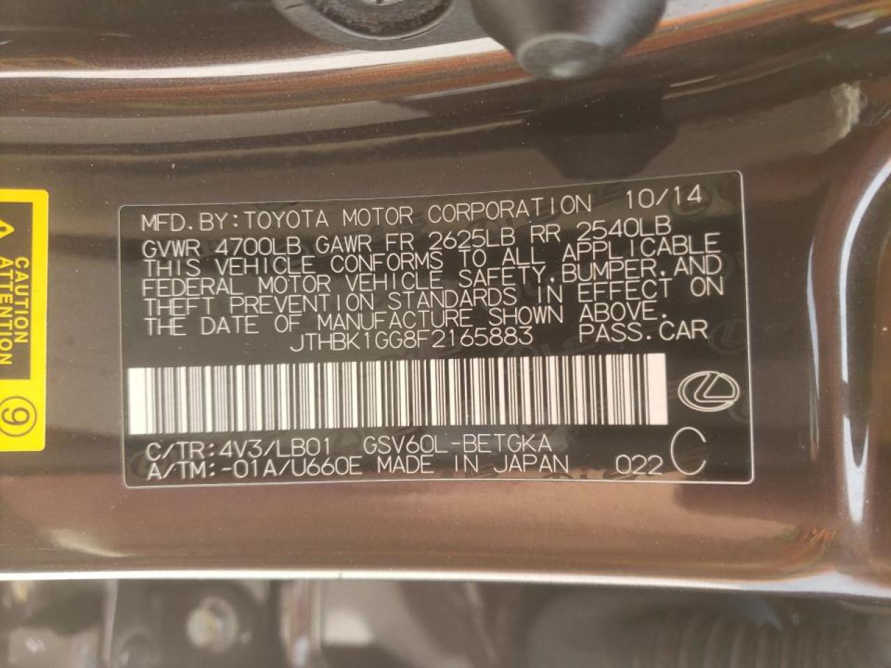 Photo 10 from auction – 2015 LEXUS ES 350 with VIN JTHBK1GG8F2165883