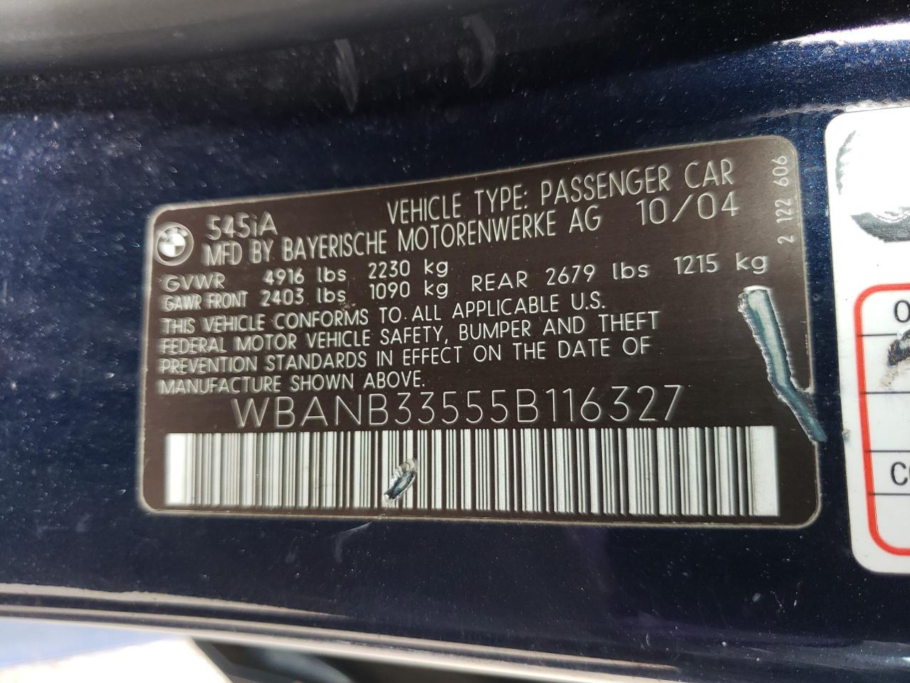 Photo 10 from auction – 2005 BMW 545 I with VIN WBANB33555B116327