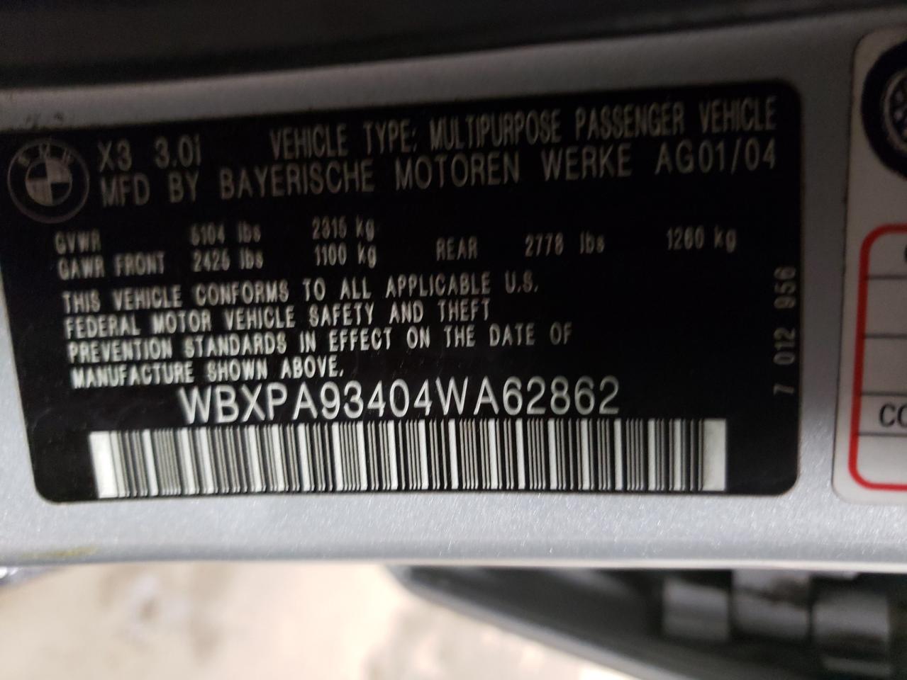 Photo 10 from auction – 2004 BMW X3 3.0I with VIN WBXPA93404WA62862
