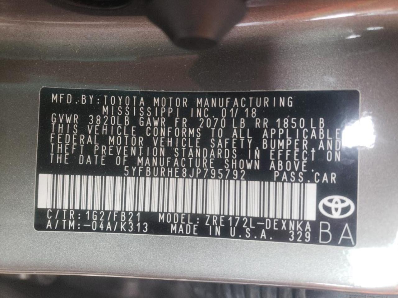 Photo 10 from auction – 2018 TOYOTA COROLLA L with VIN 5YFBURHE8JP795792