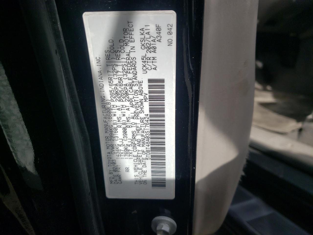 Photo 10 from auction – 2003 TOYOTA SEQUOIA LI with VIN 5TDBT48A03S176424