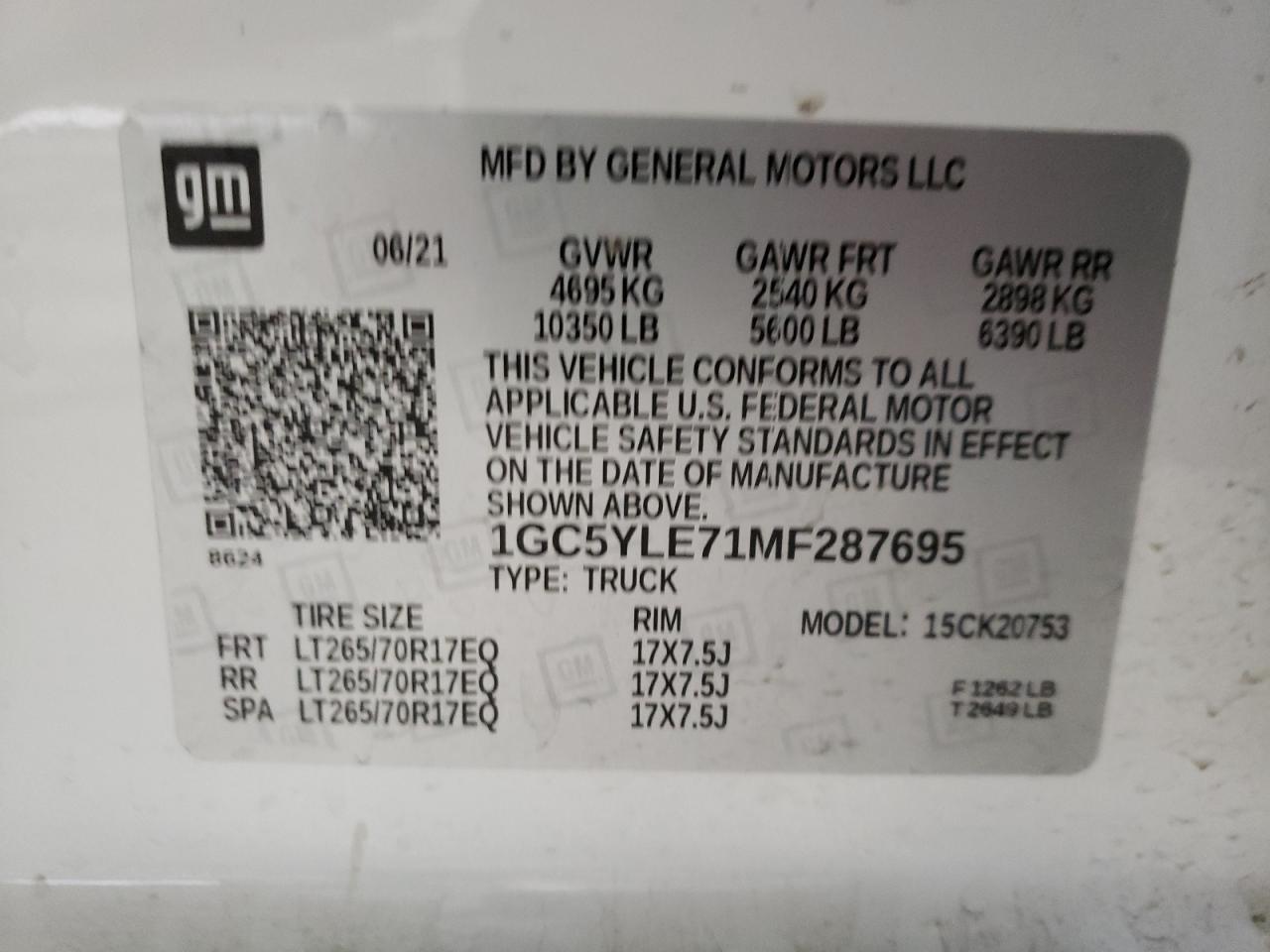 Photo 10 from auction – 2021 CHEVROLET SILVERADO with VIN 1GC5YLE71MF287695