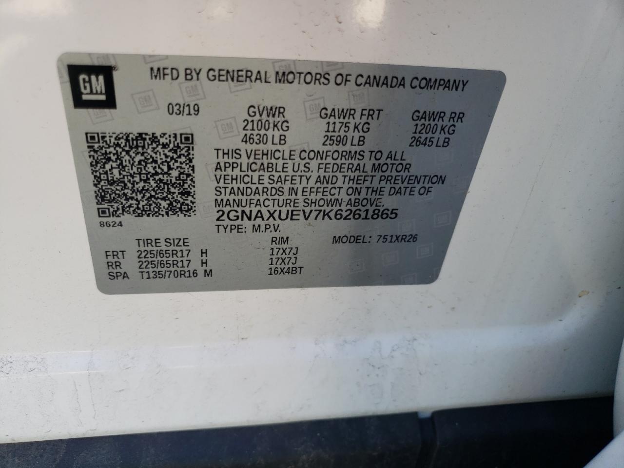 Photo 10 from auction – 2019 CHEVROLET EQUINOX LT with VIN 2GNAXUEV7K6261865