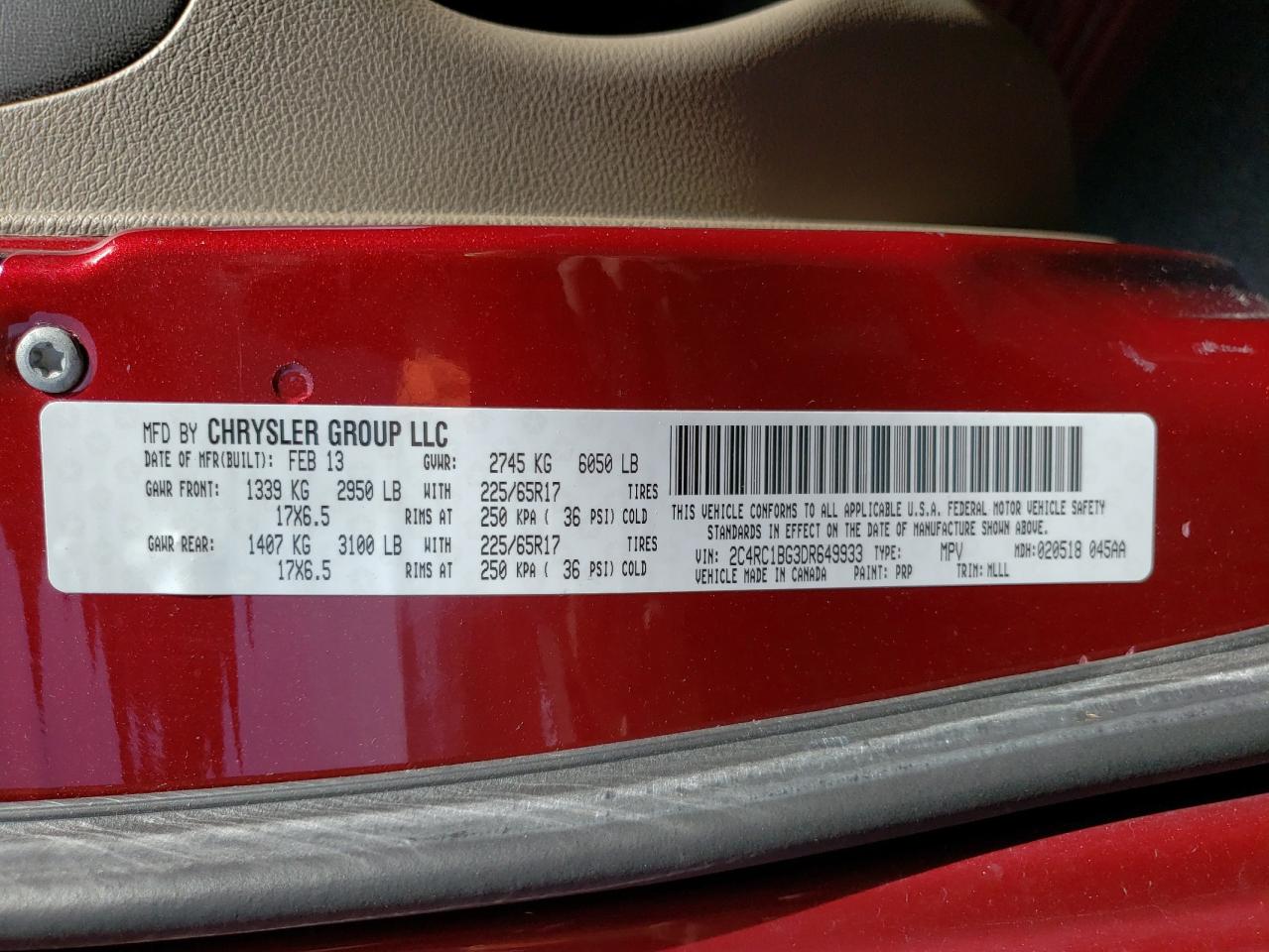 Photo 10 from auction – 2013 CHRYSLER TOWN & COU with VIN 2C4RC1BG3DR649933