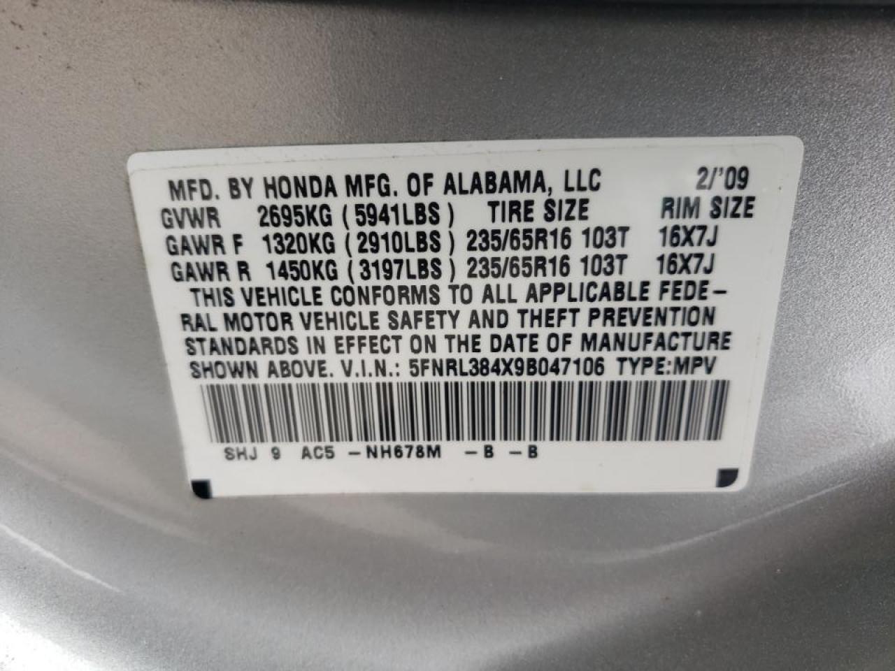 Photo 10 from auction – 2009 HONDA ODYSSEY EX with VIN 5FNRL384X9B047106