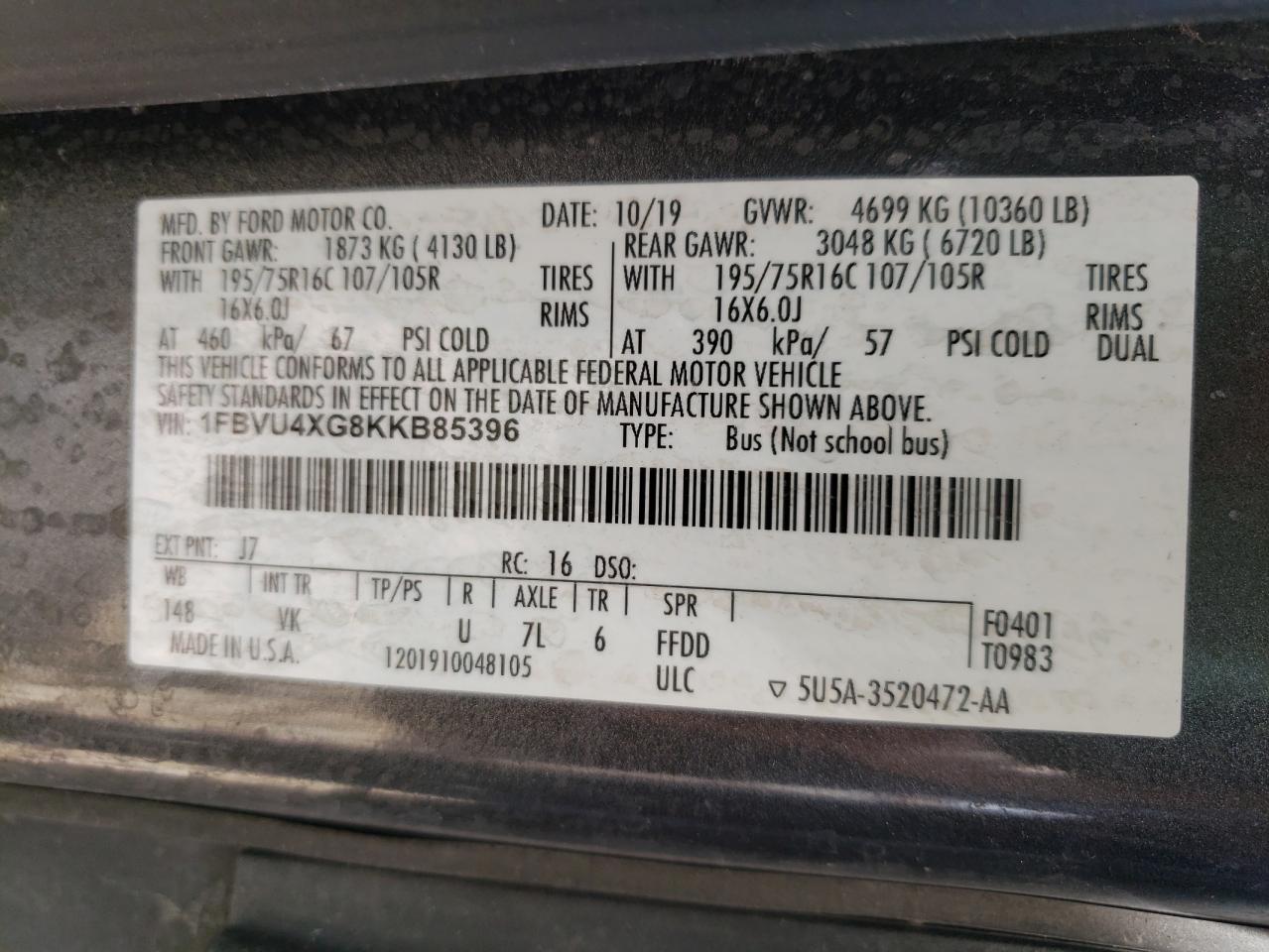 Photo 10 from auction – 2019 FORD TRANSIT T- with VIN 1FBVU4XG8KKB85396