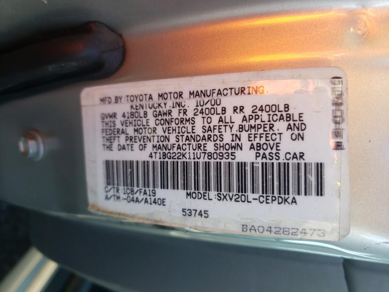 Photo 10 from auction – 2001 TOYOTA CAMRY CE with VIN 4T1BG22K11U780935