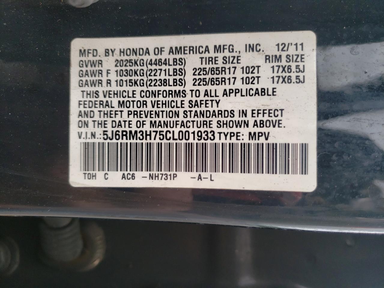 Photo 10 from auction – 2012 HONDA CR-V EXL with VIN 5J6RM3H75CL001933
