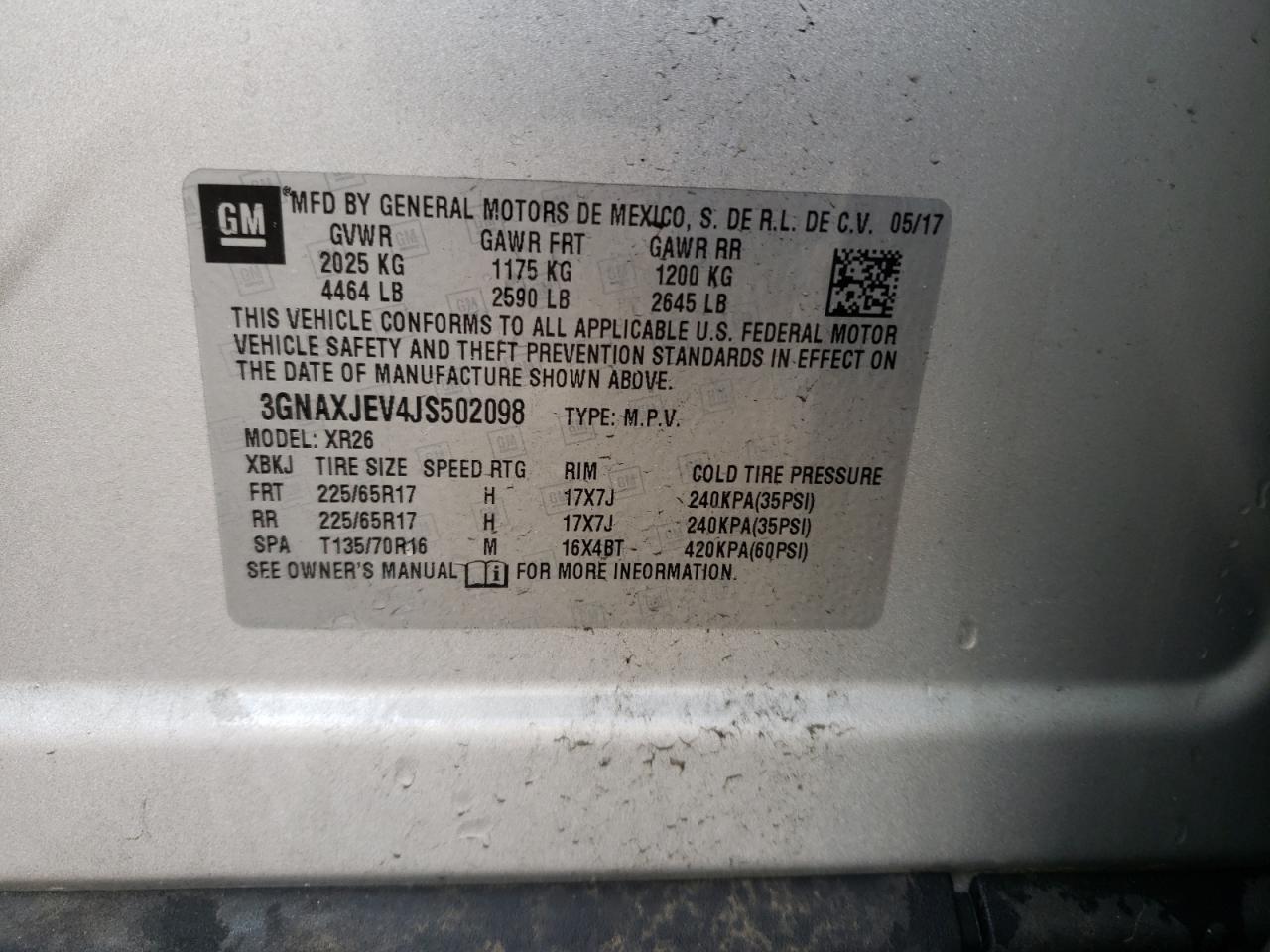 Photo 10 from auction – 2018 CHEVROLET EQUINOX LT with VIN 3GNAXJEV4JS502098