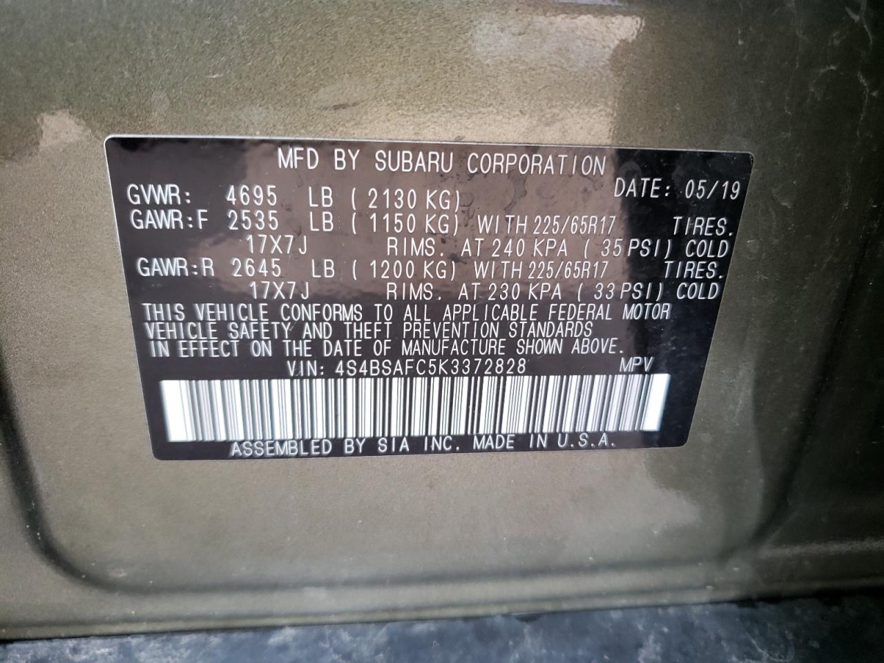 Photo 10 from auction – 2019 SUBARU OUTBACK 2. with VIN 4S4BSAFC5K3372828