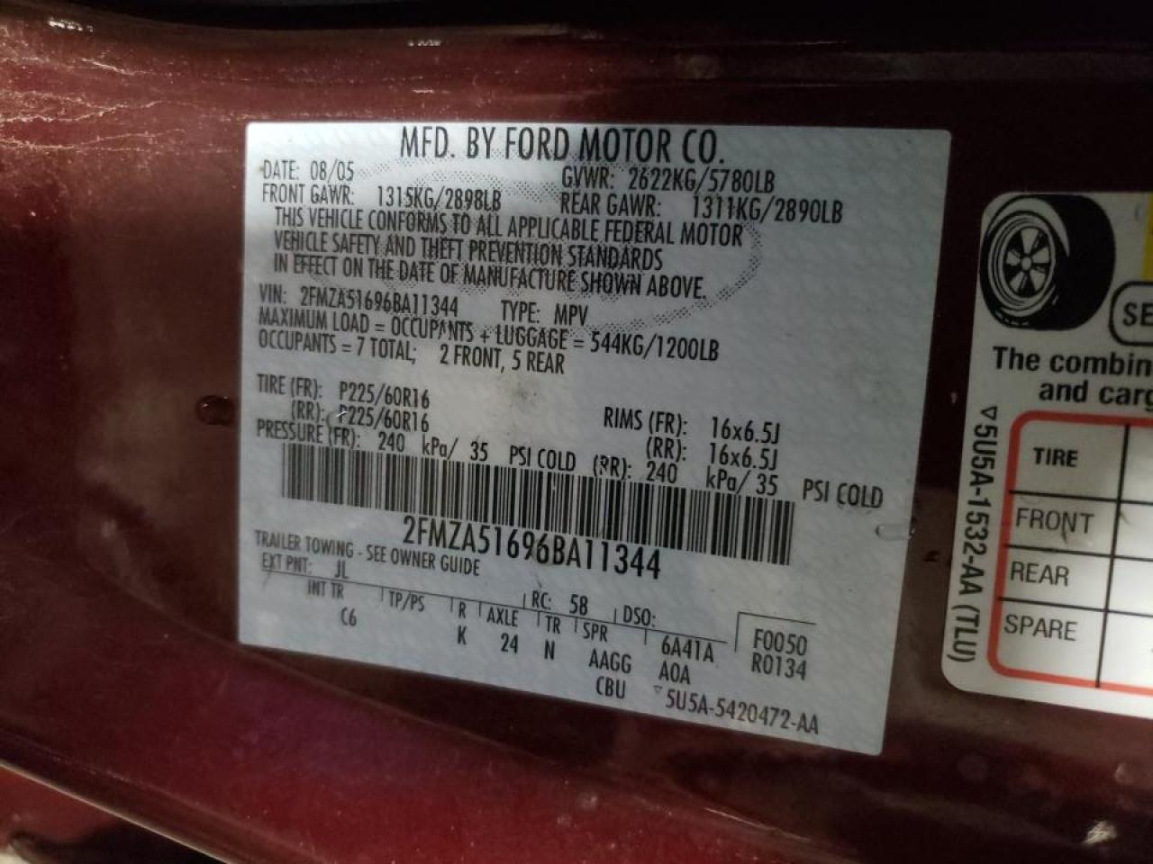 Photo 10 from auction – 2006 FORD FREESTAR S with VIN 2FMZA51696BA11344