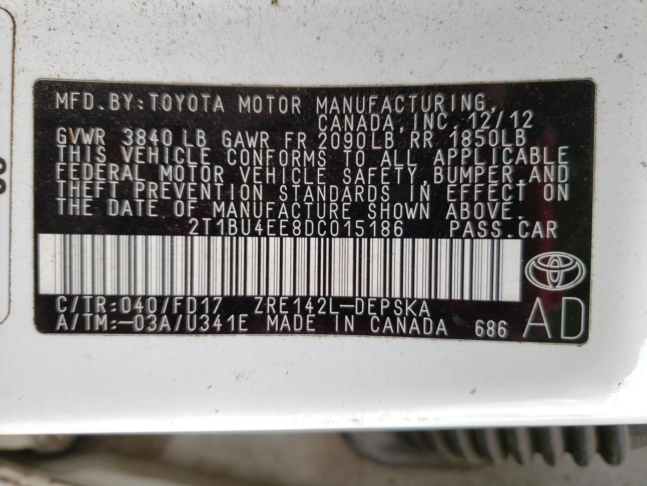 Photo 10 from auction – 2013 TOYOTA COROLLA BA with VIN 2T1BU4EE8DC015186