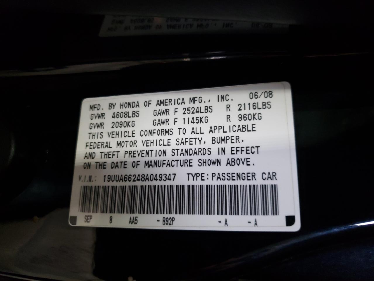 Photo 10 from auction – 2008 ACURA TL with VIN 19UUA66248A049347
