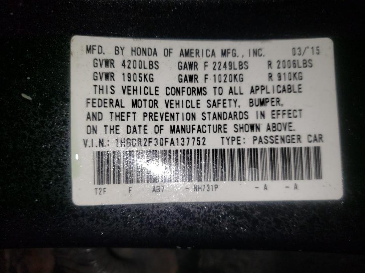 Photo 10 from auction – 2015 HONDA ACCORD LX with VIN 1HGCR2F30FA137752
