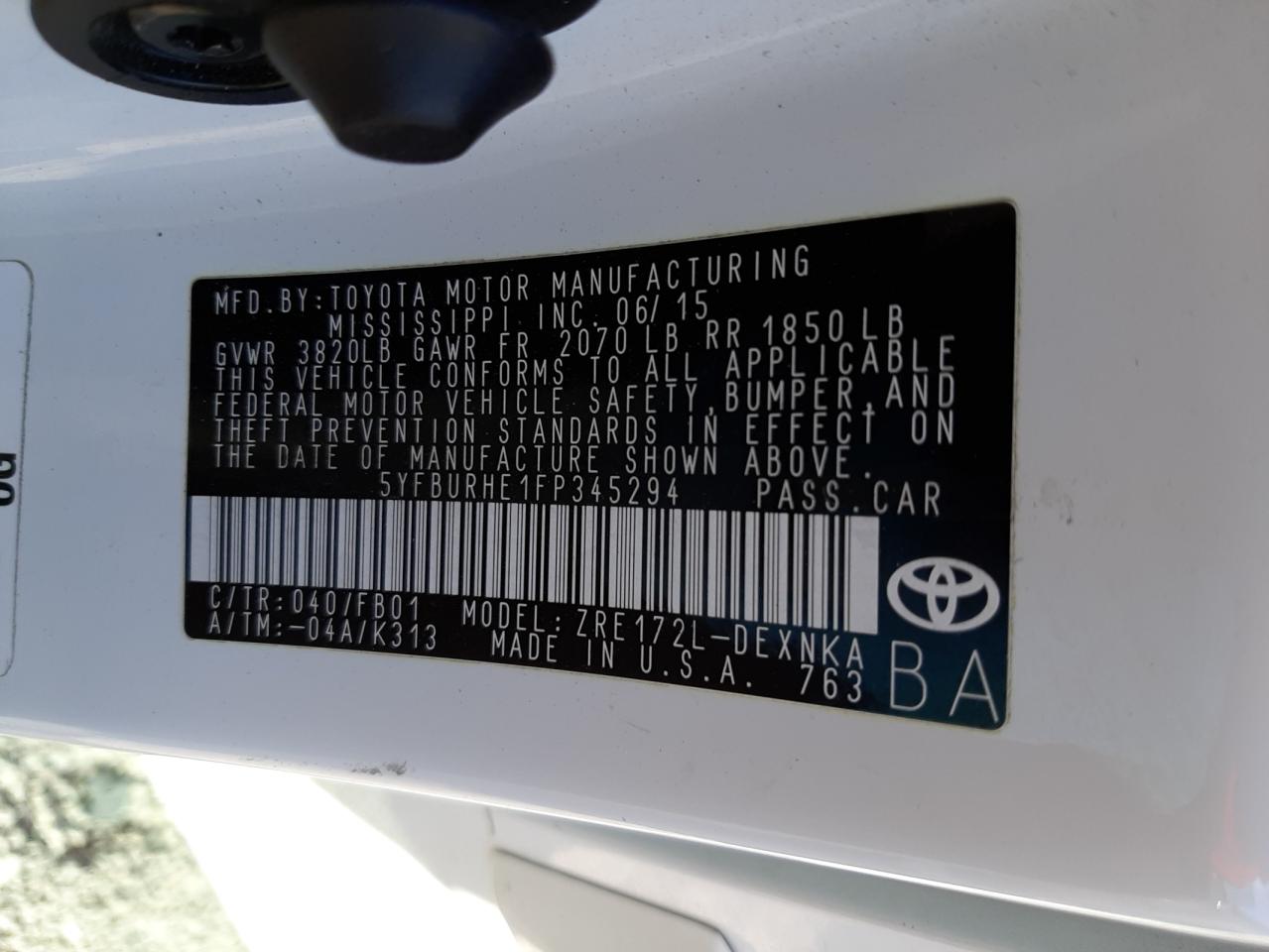 Photo 10 from auction – 2015 TOYOTA COROLLA L with VIN 5YFBURHE1FP345294