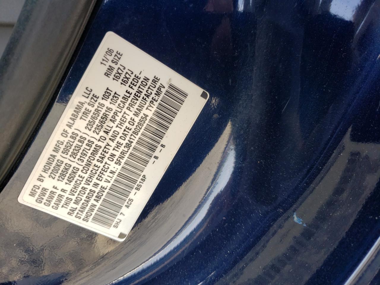 Photo 10 from auction – 2007 HONDA ODYSSEY EX with VIN 5FNRL38417B028554