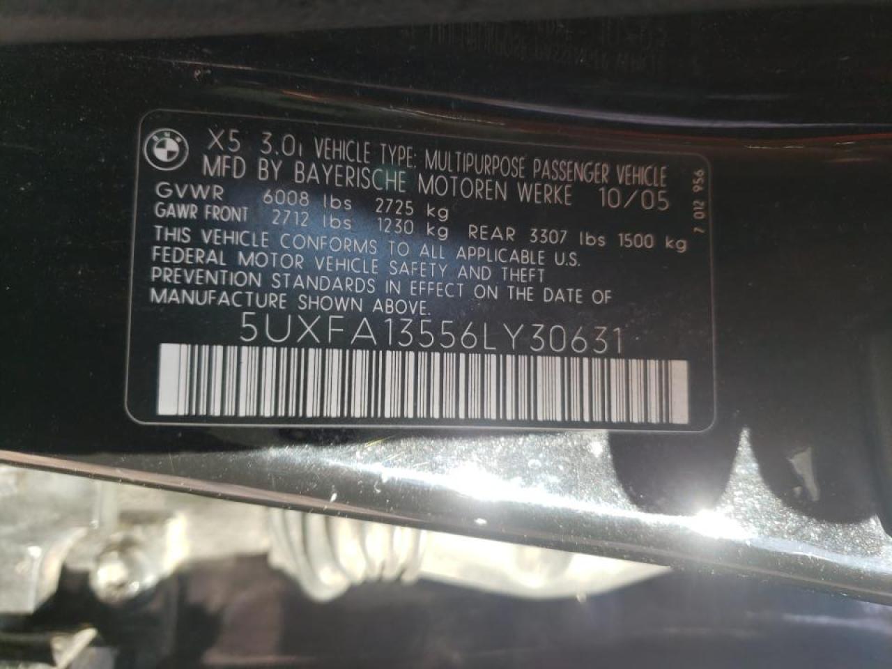 Photo 10 from auction – 2006 BMW X5 3.0I with VIN 5UXFA13556LY30631
